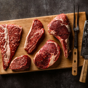 Beef on a wooden plank